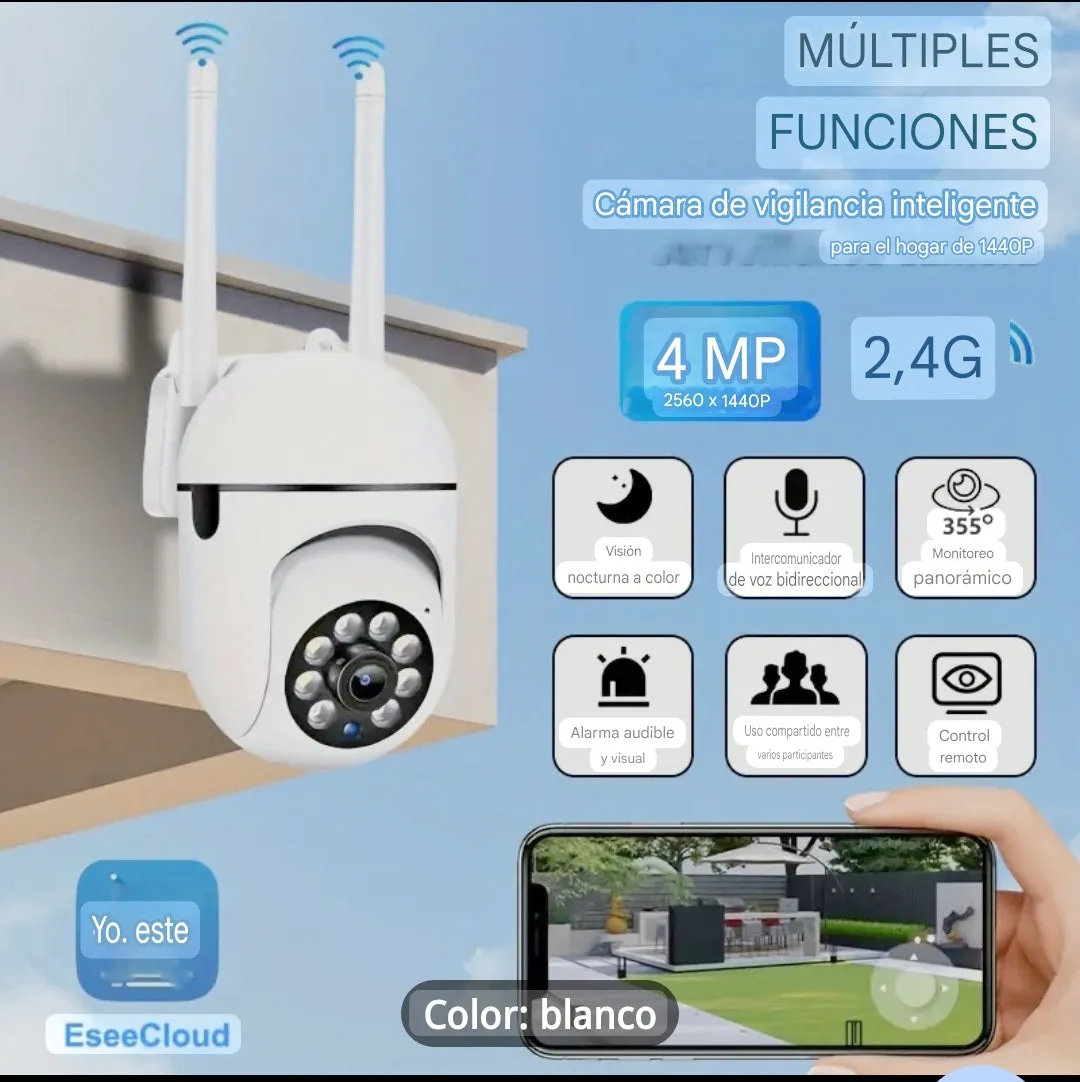 Cámara de Seguridad Inteligente Wi-Fi | Visión Nocturna a Color, Audio Bidireccional y Seguimiento de Movimiento PTZ