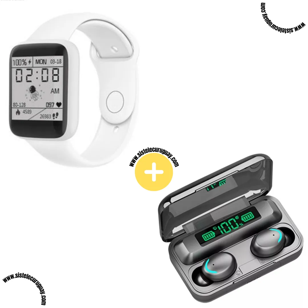 Smart Bracelet D20 PRO con Monitor Cardíaco y Funciones Deportivas + Auriculares Inalámbricos F9 con Power Bank y Pantalla LED