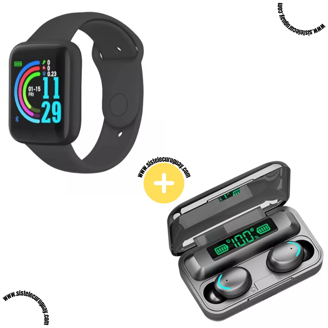 Smart Bracelet D20 PRO con Monitor Cardíaco y Funciones Deportivas + Auriculares Inalámbricos F9 con Power Bank y Pantalla LED