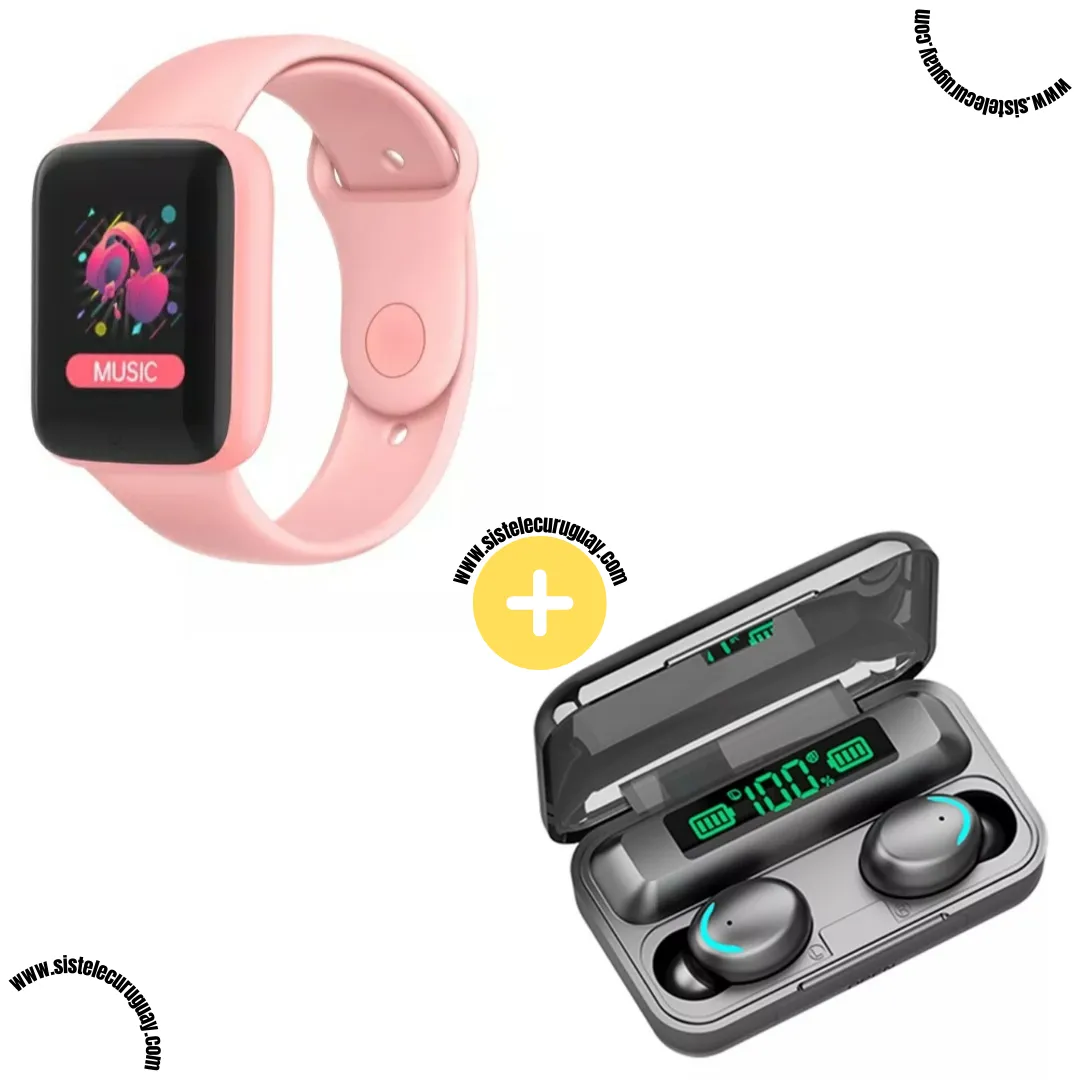 Smart Bracelet D20 PRO con Monitor Cardíaco y Funciones Deportivas + Auriculares Inalámbricos F9 con Power Bank y Pantalla LED