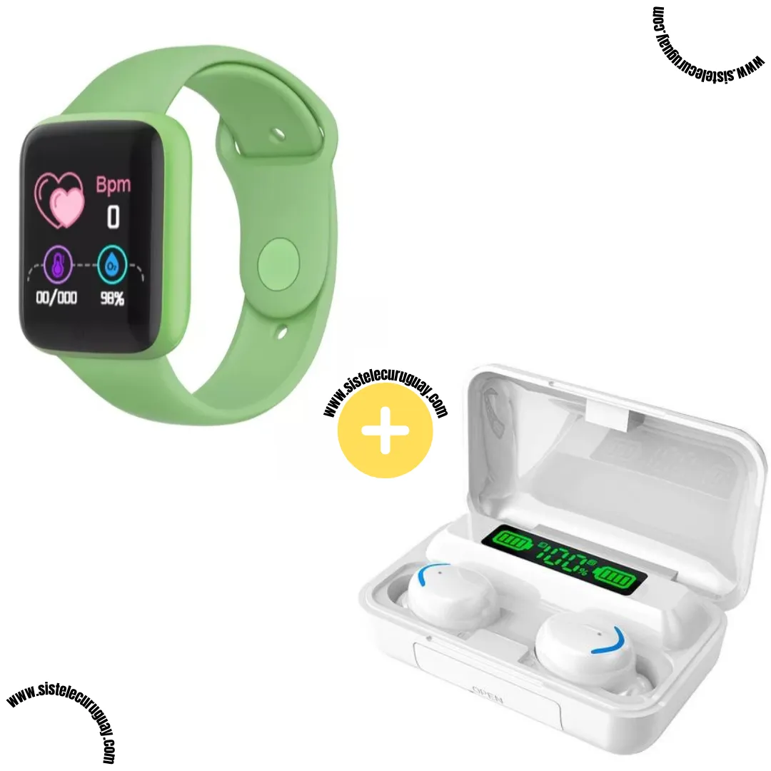 Smart Bracelet D20 PRO con Monitor Cardíaco y Funciones Deportivas + Auriculares Inalámbricos F9 con Power Bank y Pantalla LED