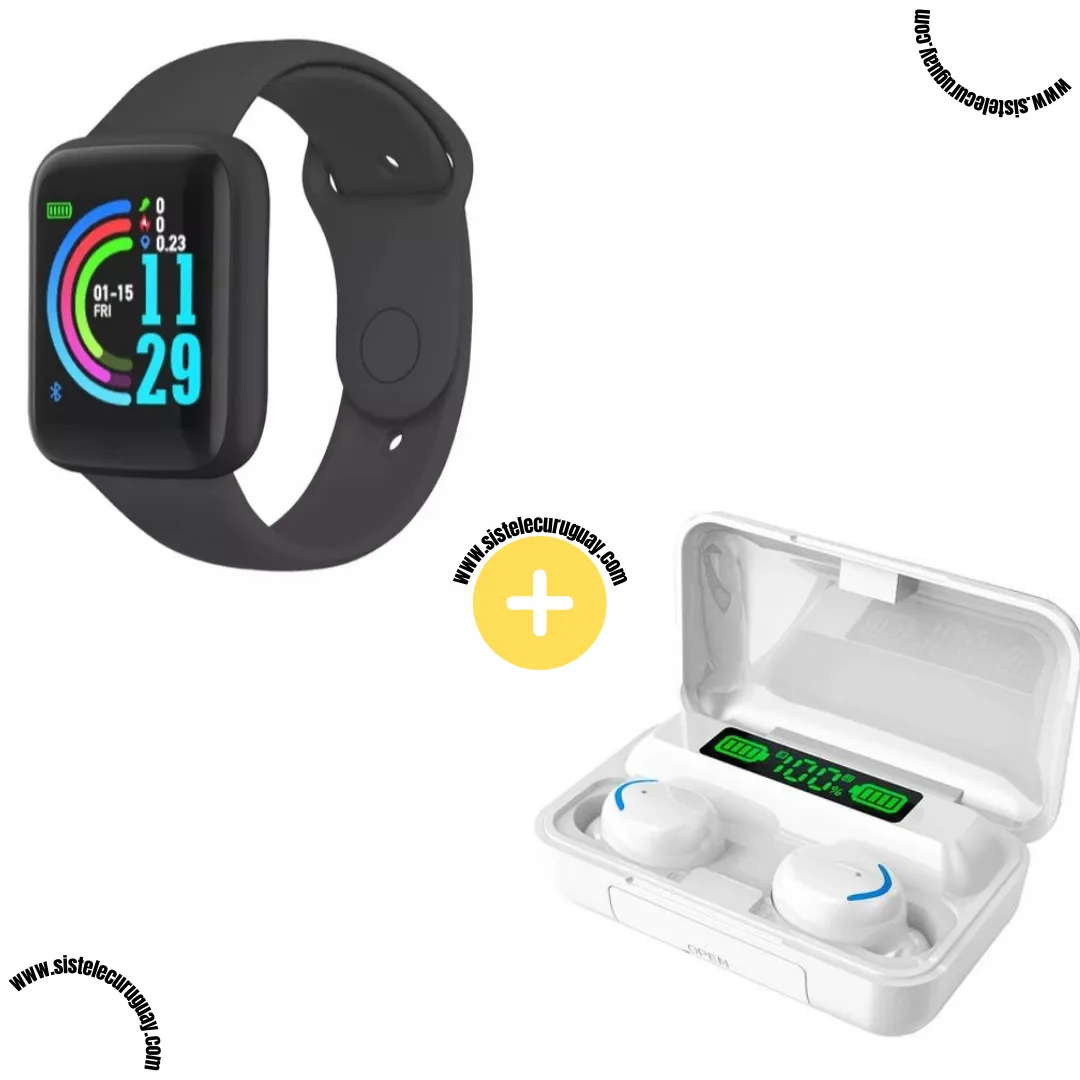 Smart Bracelet D20 PRO con Monitor Cardíaco y Funciones Deportivas + Auriculares Inalámbricos F9 con Power Bank y Pantalla LED